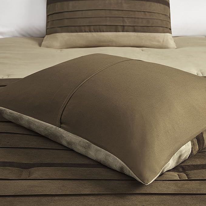 Madison Park Palmer Comforter Set - Faux Suede Design, Striped Accent, All Season Down Alternative Bedding, Matching Shams, Decorative Pillow, Bed Skirt, Full (82 in x 90 in), Natural 7 Piece