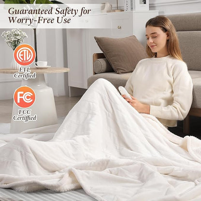 Heating Blanket Queen 84X90in Electric Blanket Queen Size, Washable Heated Blanket with Ultra Soft Flannel and Sherpa Fleece, 5 Heat Levels & 10hr Auto-Off Warming Blanket for Grandma Birthday (White)
