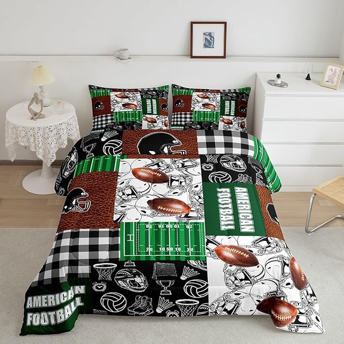 Feelyou Rugby Comforter Set King Size Soccer Ball Game Comforter for Boys Girls Teens Football Bedding Set Gift for Football Lover Duvet Set Green Brown Black Quilt Set