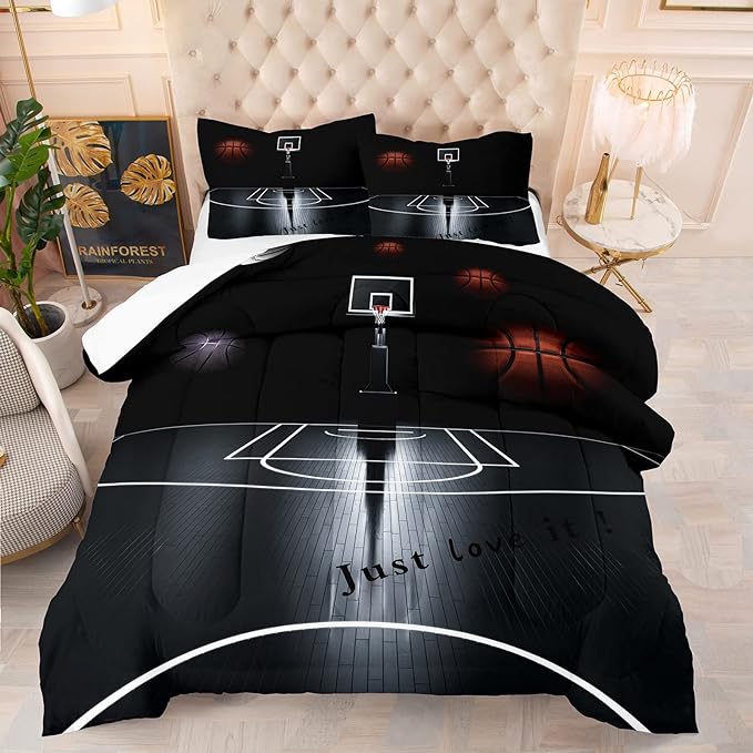 Tailor Shop Sports Basketball Comforter Set for Boys Teens Men Black Basketball Court Comforter Basketball Quilt Bedding Set Soft Lightweight Microfiber Twin Size with 1 Comforter 1 Pillowcase…