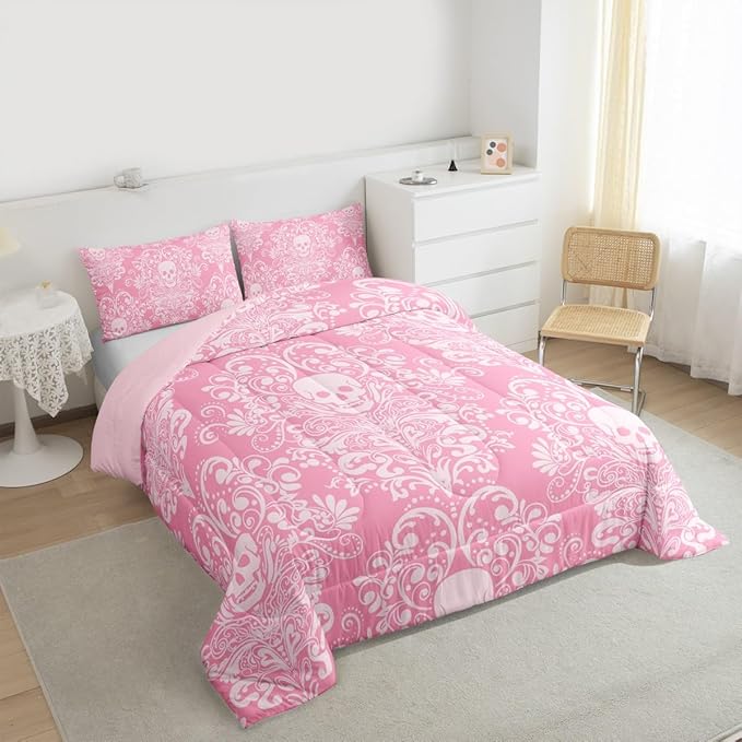Feelyou Adults Gothic Skull Bedding Set Twin Size Kids Damask Print Comforter Goth Bohemian Duvet Breathable Soft Lightweight Microfiber Pink White Room Decor with 1 Pillowcase