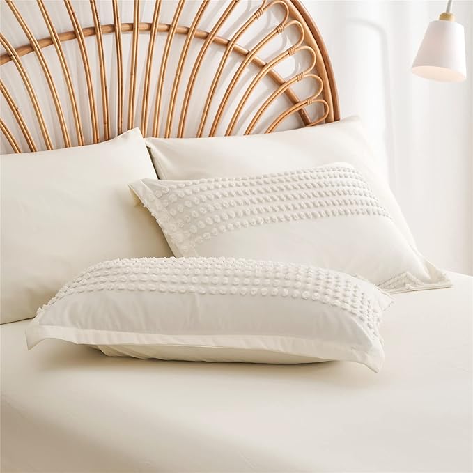 KAKIJUMN White Tufted Comforter Set Queen Size 7 Piece Bed in a Bag, Shabby Chic Boho Comforter and Sheet Set, All Season Soft Microfiber Complete Bedding Set(White,Queen)
