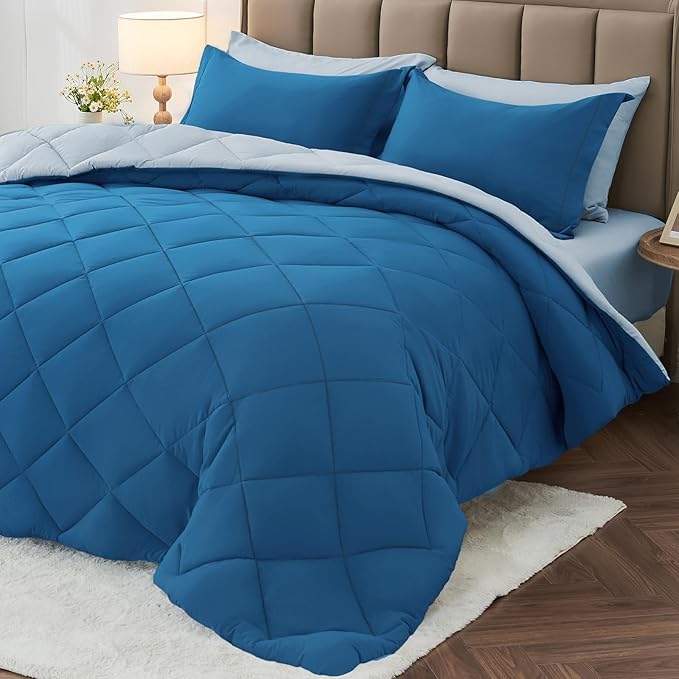 MUXHOMO 5 Pieces Twin Comforter Set, Reversible Bed in a Bag Twin Size, All Season Bedding Set with Comforter, Flat Sheet, Fitted Sheet, Pillowcases & Shams, Teal & Lake Blue