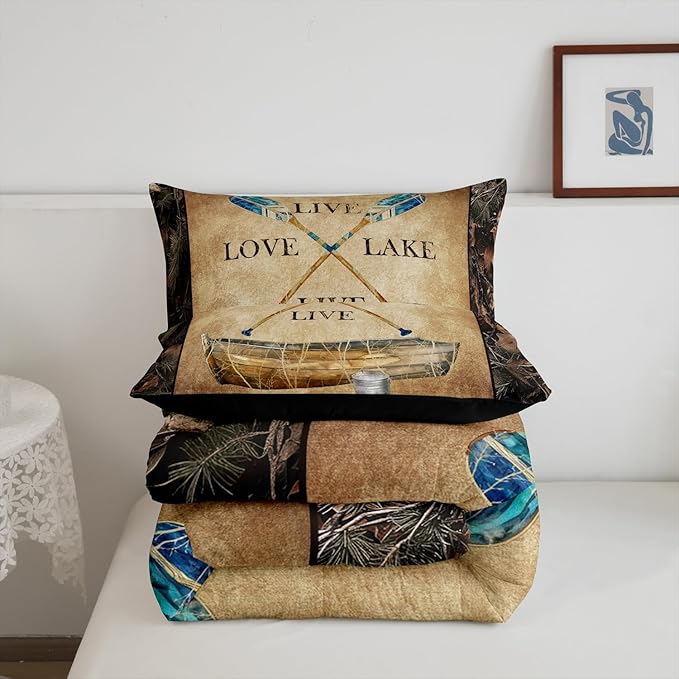 Erosebridal Lake House Bedding Sets Rustic Farmhouse Full Size Comforter Set Camo Lake Paddles Boat Fishing Quilt Bedding Sets Gifts for Lake Lovers,Tree Camouflage Farmhouse Cabin Bed Set 3 Pcs