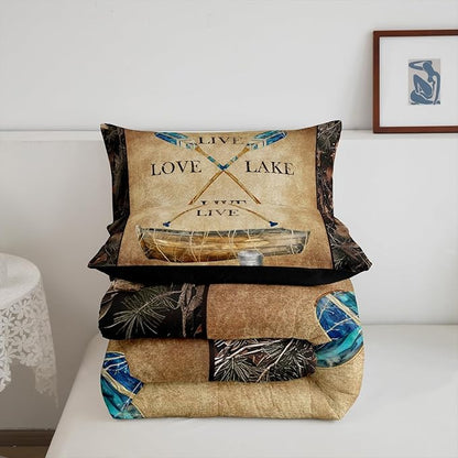 Erosebridal Lake House Bedding Sets Rustic Farmhouse Full Size Comforter Set Camo Lake Paddles Boat Fishing Quilt Bedding Sets Gifts for Lake Lovers,Tree Camouflage Farmhouse Cabin Bed Set 3 Pcs