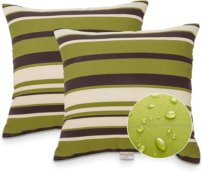 JMGBird Weather-Resistant Outdoor Pillows Set of 2, 18x18 inch Durable White Green Brown Stripes Throw Pillows with Inserts for Patio Furniture