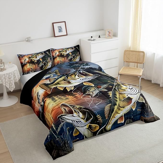 Erosebridal Fishing Theme Twin Bedding Set,Big Bass Pike Fish Comforter Set for Kids Boys Girls,Rustic Cabin Lake House Comforter,Vintage Fisherman Bedroom Room Decor,1 Pillowcase Breathable