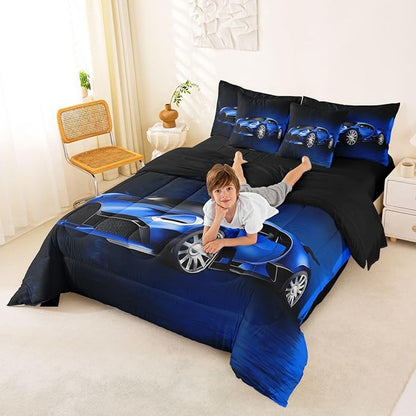 Feelyou Sports Car 7 Piece Bedding Set Blue Race Car Comforter Set with Sheets for Kids Boys Girls Extreme Sports Theme Bed in a Bag Cool Speed Luxury Car Decor Bed Set with 1 Pillowcase Twin