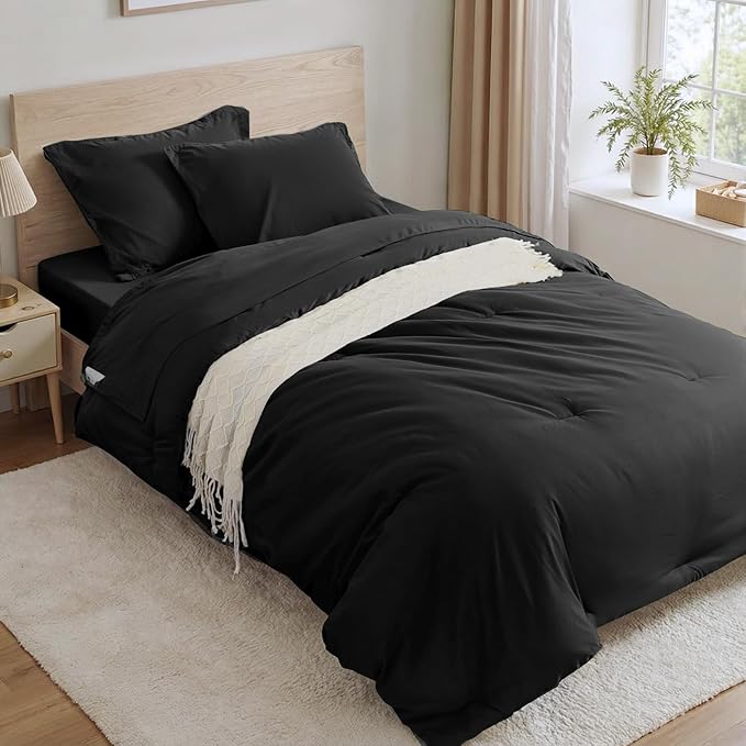 Anluoer Black Twin Comforter Set 5 Pieces, Bed in a Bag with Sheets, All Season Bedding Sets with 1 Comforter, 1 Pillow Sham, 1 Pillowcase, 1 Flat Sheet, 1 Fitted Sheet