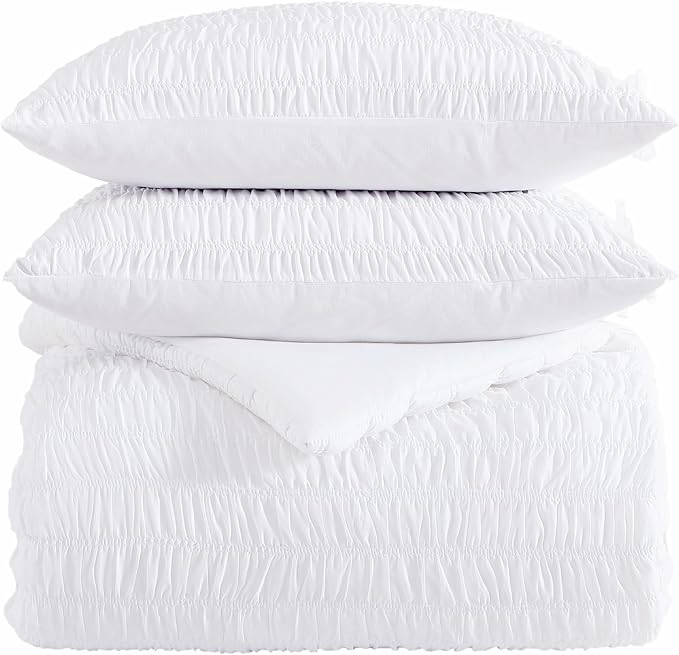 Shabby Chic® - King 3-Piece Comforter Set, Reversible Cotton Bedding with Matching Shams, Seersucker Shirring Home Decor for All Seasons (Aiden White, King)