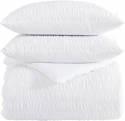 Shabby Chic® - King 3-Piece Comforter Set, Reversible Cotton Bedding with Matching Shams, Seersucker Shirring Home Decor for All Seasons (Aiden White, King)
