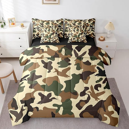 Erosebridal Camo 7 Piece Comforter Set Queen Size Duck Hunter Bedding for Kids Army Camouflage Hunting Bed in A Bag Sheet Set Vintage Green Brown Bedroom Decor Wild Animal Duck Rustic Bed Set