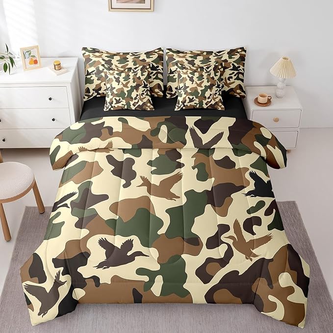Erosebridal Duck Hunter 7 Pcs Bed Set Twin Size Camo Bedding for Kids Army Camouflage Hunting Bed in A Bag Sheet Set Vintage Green Brown Bedroom Decor Wild Animal Duck Rustic Comforter Set