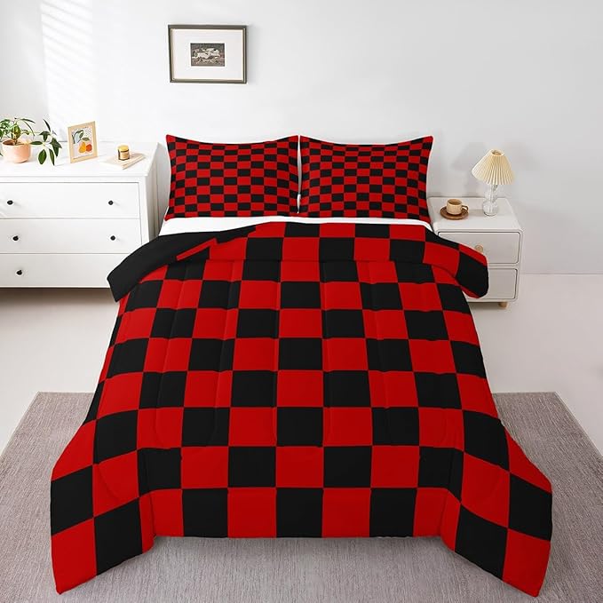 Feelyou Checkered Bedding Set Teen Women Men Red Black Plaid Comforter Set King Size Kids Boys Girls Cute Retro Neutral Checkerboard Geometric Duvet Insert Vintage Aesthetic Room Decor