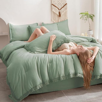 Andency Oversized King Comforter Set with Sheets 128x120 Sage Green - 7 Pieces Bed in a Bag Boho Soft Lightweight Bedding Sets, Tassel Bed Set with Comforter, Sheets, Pillowcases & Shams