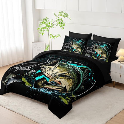 Big Pike Fish Bedding King Size，Hunting and Fishing Bedding Set 7 Piece in A Bag, Fishing Brown Green Bedding Set Brown Green Bedding Set Themed Comforter Set for Kids Boys Room Decor