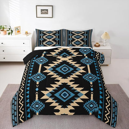Feelyou Western Comforter Set Blue Black Southwestern Aztec Full Size Bedding Set Country Tribal Native American Rustic Duvet Quilt