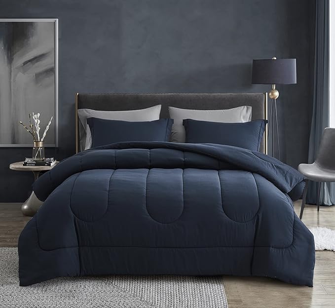 Maple&Stone Twin XL Comforter Set 5 Pieces Bed in a Bag - Down Alternative Bed Set with Sheets, Pillowcase & Sham, Soft Reversible Duvet Insert for Twin XL Bed, Navy & Dark Grey