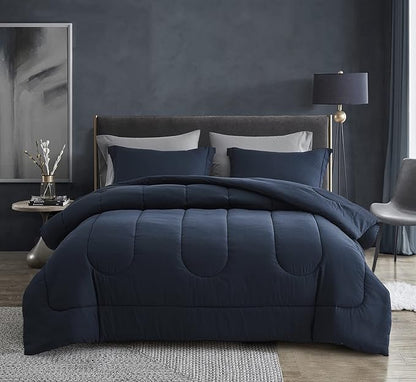 Maple&Stone Twin XL Comforter Set 5 Pieces Bed in a Bag - Down Alternative Bed Set with Sheets, Pillowcase & Sham, Soft Reversible Duvet Insert for Twin XL Bed, Navy & Dark Grey