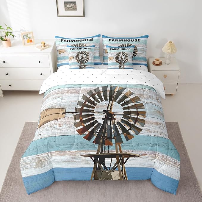 Erosebridal King Size Windmill Comforter Sets with Sheets 7-Piece Rustic Farmhouse Decor Bed-in-a-Bag (1 Comforter, 1 Flat Sheet 1 Fitted Sheet 2 Pillowcases and 2 Throw Pillow Covers)