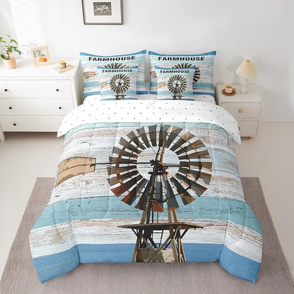 Erosebridal King Size Windmill Comforter Sets with Sheets 7-Piece Rustic Farmhouse Decor Bed-in-a-Bag (1 Comforter, 1 Flat Sheet 1 Fitted Sheet 2 Pillowcases and 2 Throw Pillow Covers)