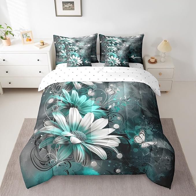 Feelyou Flower Comforter Set King Size 7 Pieces Vintage Floral Bedding Set for All Season Butterfly Floral Botanical Bed in a Bag with Comforter, Sheets, Pillowcases & Cushion Cover