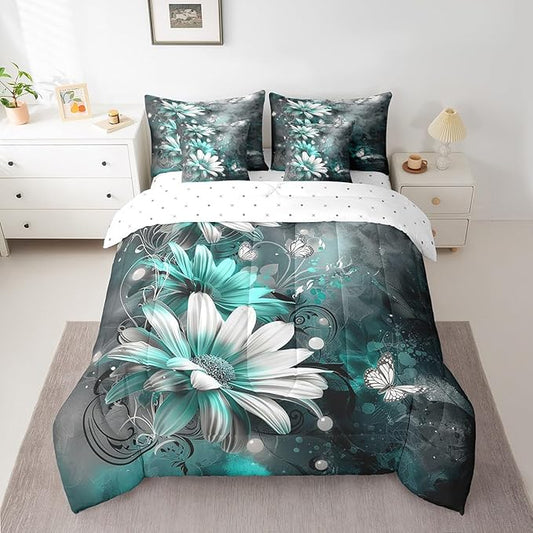 Feelyou Flower Comforter Set Twin Size 7 Pieces Vintage Floral Bedding Set for All Season Butterfly Floral Botanical Bed in a Bag with Comforter, Sheets, Pillowcases & Cushion Cover