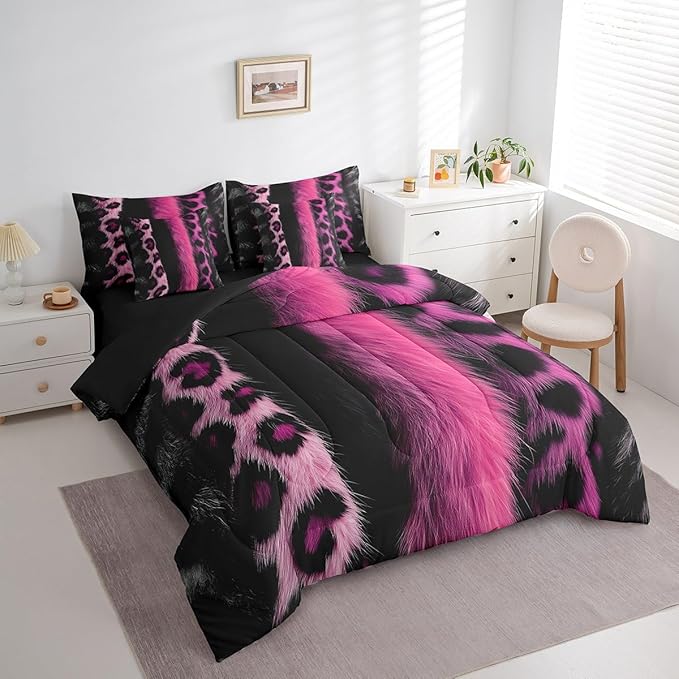 jejeloiu 3D Pink Leopard 7 Piece Bedding Set Full Size Adult Leopard Comforter Set with Sheets for Boys Girls Animal Print Bed in a Bag Wild Animal Fur Bed Set