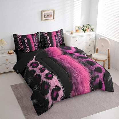 jejeloiu 3D Pink Leopard 7 Piece Bedding Set Full Size Adult Leopard Comforter Set with Sheets for Boys Girls Animal Print Bed in a Bag Wild Animal Fur Bed Set