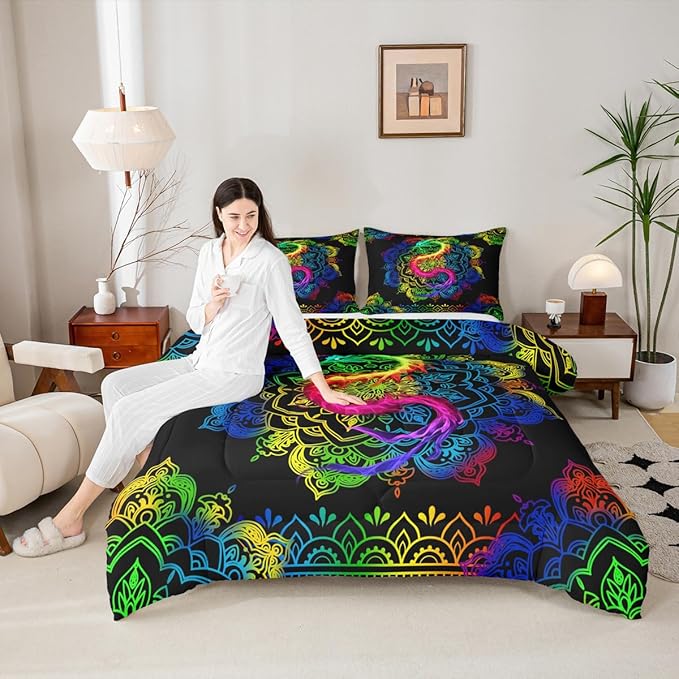 Watercolor Dragon Comforter Set Queen Size,Rainbow Mandala Print Duvet Quilted,Bohemian Exotic Style and Animal Theme Bedding Comforters 3Pcs for Kids Child Teens Woman Man Bedroom Decor,Black