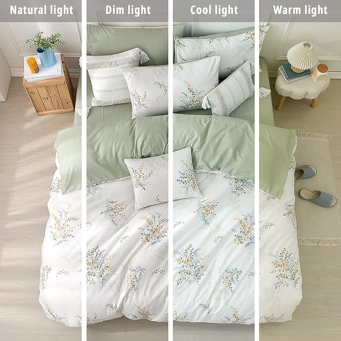 White Cotton Comforter Queen Size 3Pcs - Blue Branches & Orange and Green Buds on White, Chevron Sage Green Back, Reversible Lightweight Bedding Sets with Soft Fill(Queen, 90"×90")