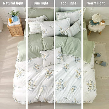 White Cotton Comforter Queen Size 3Pcs - Blue Branches & Orange and Green Buds on White, Chevron Sage Green Back, Reversible Lightweight Bedding Sets with Soft Fill(Queen, 90"×90")