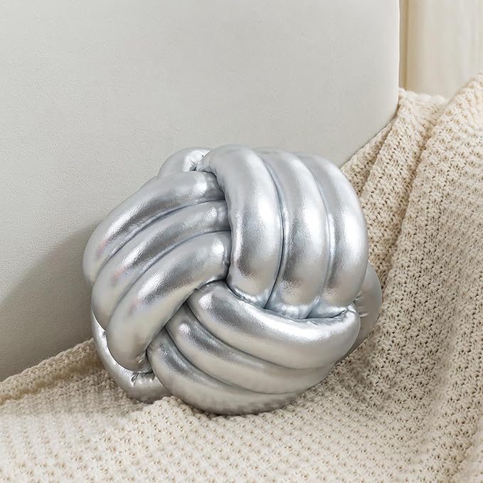 Handmade Round Knot Ball Pillow Pillow Plush Pillow Knotted Pillow Bedroom Decor Plush Knot Small Size 8Inch Silver
