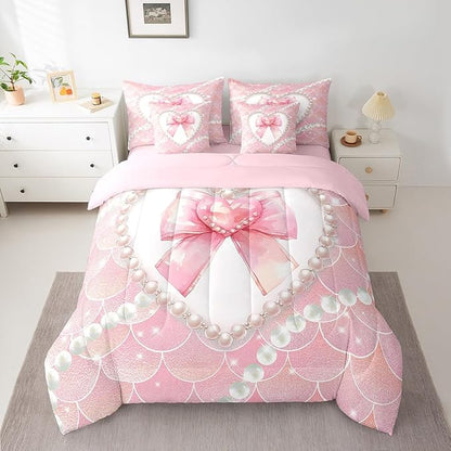 jejeloiu Girls Pink Bowknot 7 Piece Bedding Set King Size White Pearl Comforter Set with Sheets for Kids Women Glitter Mermaid Bed in a Bag Princess Style Bed Set