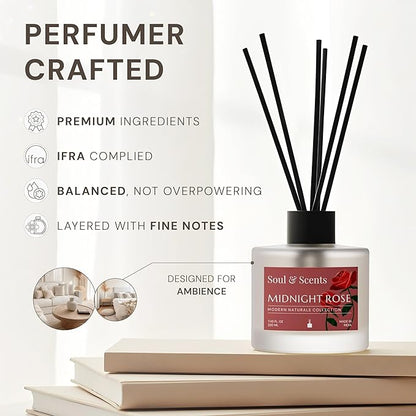 Soul & Scents Reed Diffuser Set – Midnight Rose | 7.43 oz Refillable Scented Oil with 6 Fiber Sticks | Long-Lasting Home Fragrance & Air Freshener for Bedroom, Bathroom, Office | Gift & Décor Piece