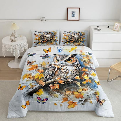 Fall Owl Kids Comforter Set King Size,Retro Fallen Maple Leaves Bedding Set,Boys Girls Men Room Decor,Jugnle Wild Birds Down Comforter,Autumn Butterfly Duvet Insert,2 Pillowcases