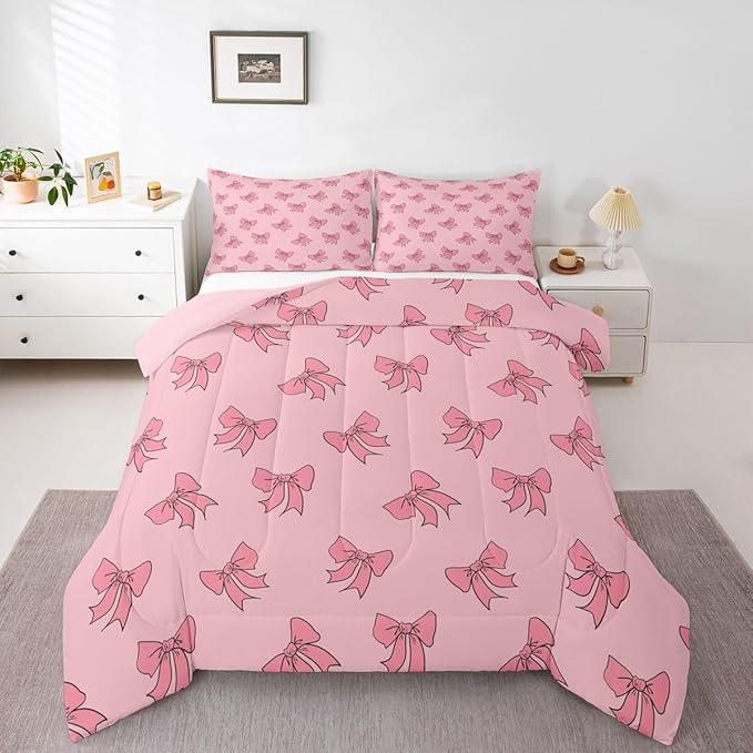 Erosebridal Kids Pink Bow Bedding Set Twin Princess Bows Comforter Set Kawaii Preppy Bowknot Comforter for Girls Women Coquette Room Decor Modern Trendy Girly Aesthetic Quilt Duvet