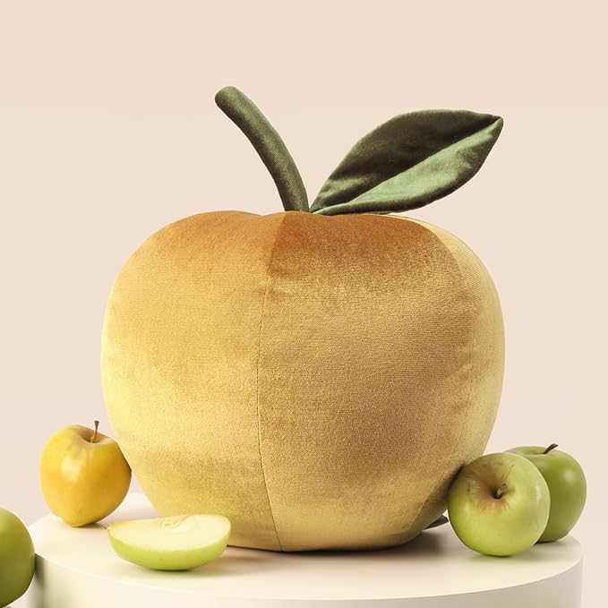 Ashler Apple Shaped Throw Pillow, Luxury Velvet Throw Pillow, Cute Apple-Shaped Cushion, Fun Home Decor for Sofa, Chair, Bedroom, Gold, 11x9.5IN