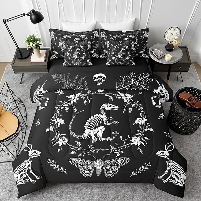 Dinosaur Skeleton Comforter Set King,Gothic Animals Butterfly Bed Sets 7 Pieces with 1 Comforter,2 Pillowcases,2 Pillow Covers,1 Flat Sheet,1 Fitted Sheet,Exotic Boho Flowers Leaves Bedding Set