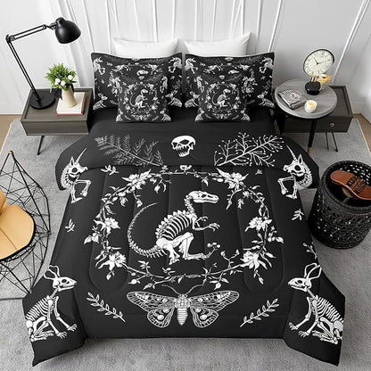 Dinosaur Skeleton Comforter Set King,Gothic Animals Butterfly Bed Sets 7 Pieces with 1 Comforter,2 Pillowcases,2 Pillow Covers,1 Flat Sheet,1 Fitted Sheet,Exotic Boho Flowers Leaves Bedding Set