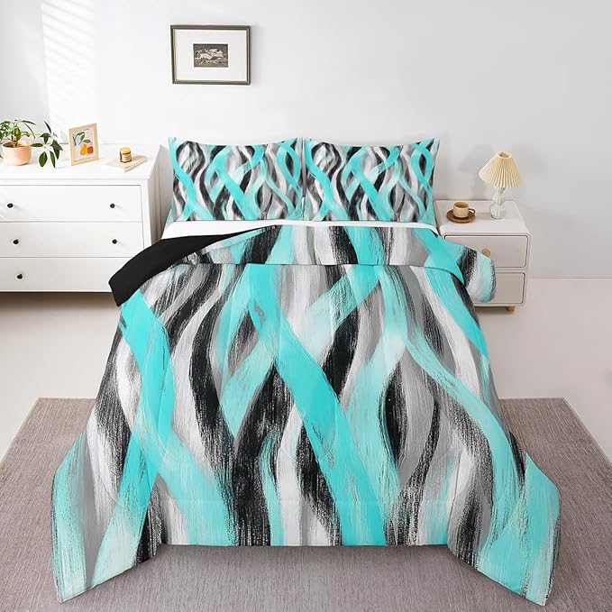 Erosebridal Geometric Turquoise Comforter King Modern Abstract Comforter Set Black Grey Teal Bedding Set for Kids Boys Girls Swirl Stripes Quilt Duvet Room Decor 3 Pcs