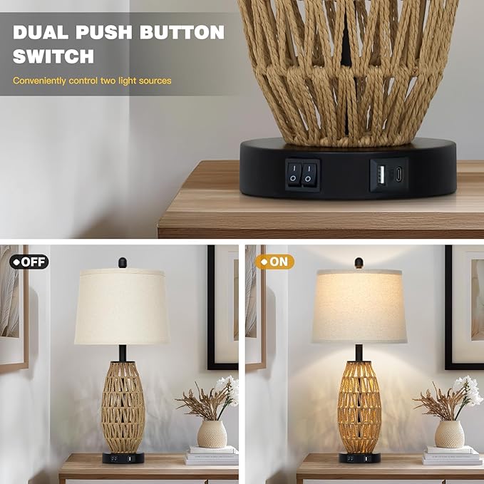 27" Boho Rattan Table Lamp with Night Light, Wicker Bedside Lamp with USB A+C Charging Port, Woven Coastal Bedroom Lamps for Nightstand, Tall Farmhouse Lamps for Living Room Single