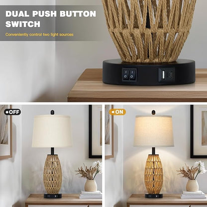 27" Rattan Table Lamps Set of 2, Boho Bedside Lamp for Bedroom with Night Light, Coastal Woven Wicker Nightstand Lamps with USB A+C Charging Port, Tall Farmhouse Living Room Lamp