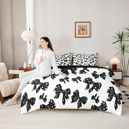 Erosebridal Black Bowknot Girls Kids Full Comforter Set 7 Pieces | White Polka Dots Bed in A Bag for Bedroom Kawaii Ribbon Bow Bedding Set with Comforters Teens Women Room Decor