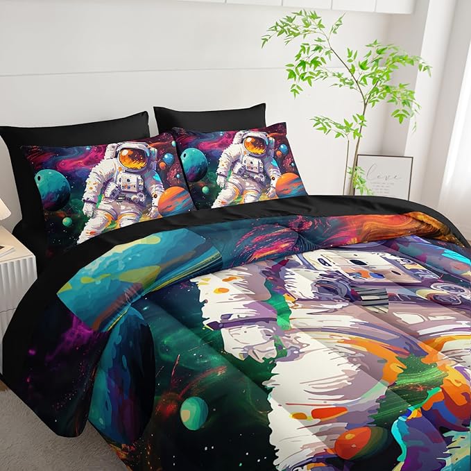 7 Piece Astronaut Themed Comforter Set Queen，Astronaut Bedding for Boys Queen Size，(1 Comforter, 1 Flat Sheet, 1 Fitted Sheet, 2 Pillowcase and 2 Pillow Sham)