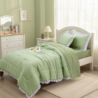 A Nice Night Comforter 5Pcs Full Size,Green Ruffle Comforter for Dorm Room Essentials for Twin Bed,Plaid Checkered Chic Bedding Bed in a Bag for Girls