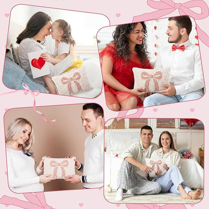 Peryiter Handicraft Bow Throw Pillow 12'' x 8'' Coquette Needlepoint Throw Pillow Cute Bow Decor Gift for Home Decoration Party Decor, Couples, Wedding, Room Cushion