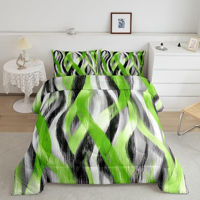 Erosebridal Geometric Stripes Comforter Queen Modern Abstract Comforter Set Grey Black Lime Green Bedding Set for Kids Boys Teen Men Swirl Lines Quilt Duvet Room Decor 3 Pcs