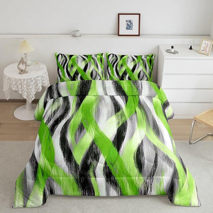 Erosebridal Geometric Stripes Comforter Queen Modern Abstract Comforter Set Grey Black Lime Green Bedding Set for Kids Boys Teen Men Swirl Lines Quilt Duvet Room Decor 3 Pcs