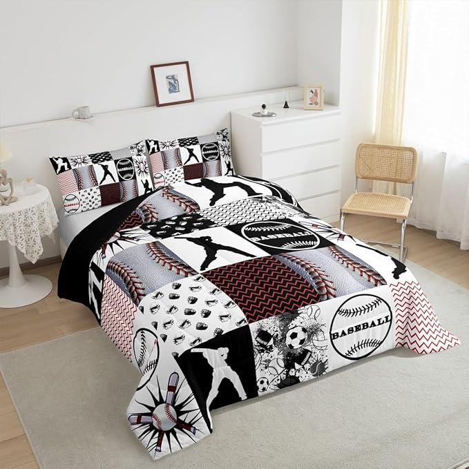 Feelyou Rugby Sports Comforter Set King Size Football Comforter for Boys Girls Teens Baseball Bedding Set Basketball Duvet Set Room Decor Balck Grey White Mixed Ball Quilt Set